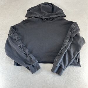 PINK Victorias Secret dark gray cropped long sleeve hoodie Lace Up Size Medium